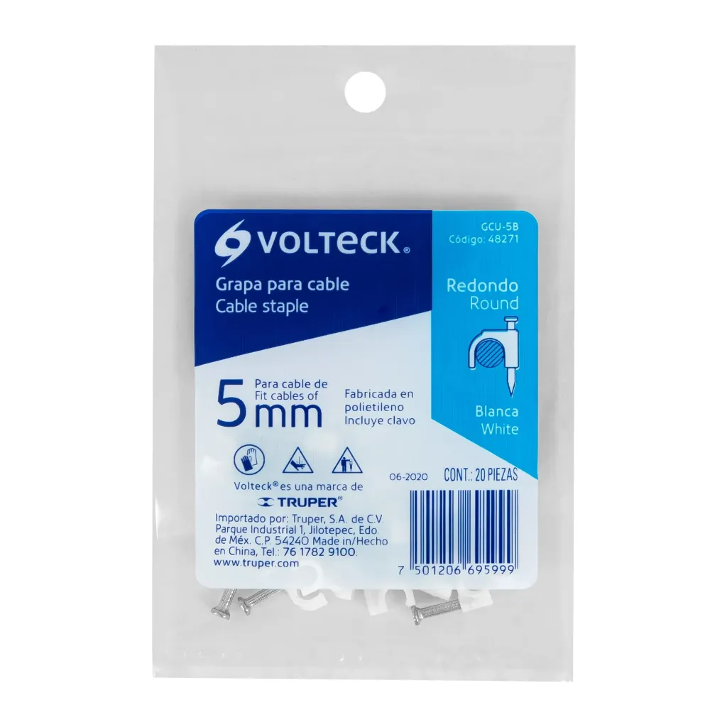 [GCU-5B] 48271 Bolsa con 20 grapas blancas de 5 mm para cable redondo Volteck SKU_ GCU-5B.webp