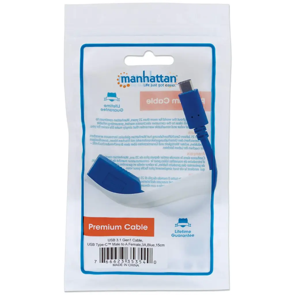 Manhattan Cable USB 3.1 C Macho - USB 3.0 A Hembra, 15cm, 3A, Azul CB-977 SKU: 353540 TIPO C