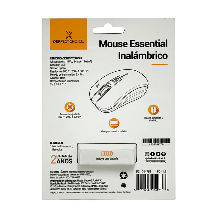 Mouse Perfect Choice Óptico Essentials, Inalámbrico, USB, 1600DPI, Rosa MS-1471 SKU: PC-045090