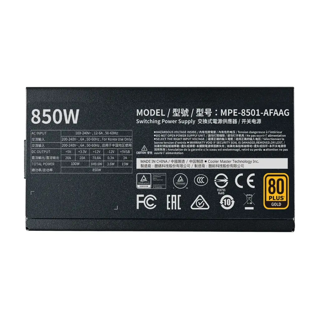 Fuente de Poder Cooler Master MWE GOLD 850 V2 80 PLUS Gold, Modular, 24-pines ATX, 120mm, 850W SKU: MPE-8501-AFAAG-U2