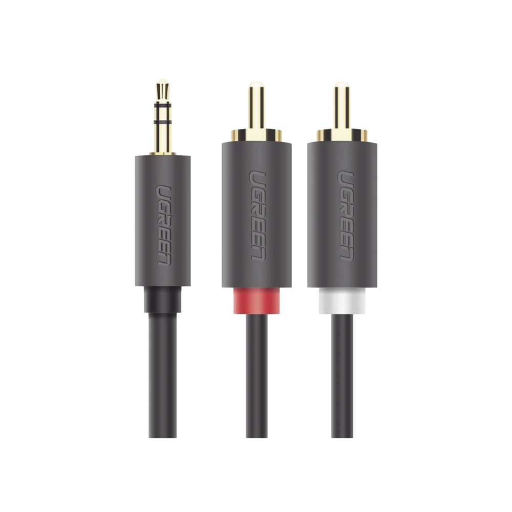Cable Adaptador de 3.5mm Macho a 2 RCA Macho / 5 Metros Ugreen / Color Gris / Blindaje Múltiple / ABS / Alta Calidad SKU: 10513