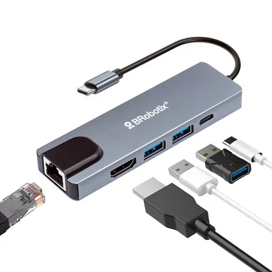 [6000694] BRobotix Docking Station 5 en 1 USB C, 2x USB 3.0, 1x HDMI, 1x RJ-45, 1x USB C, Plata SKU: 6000694