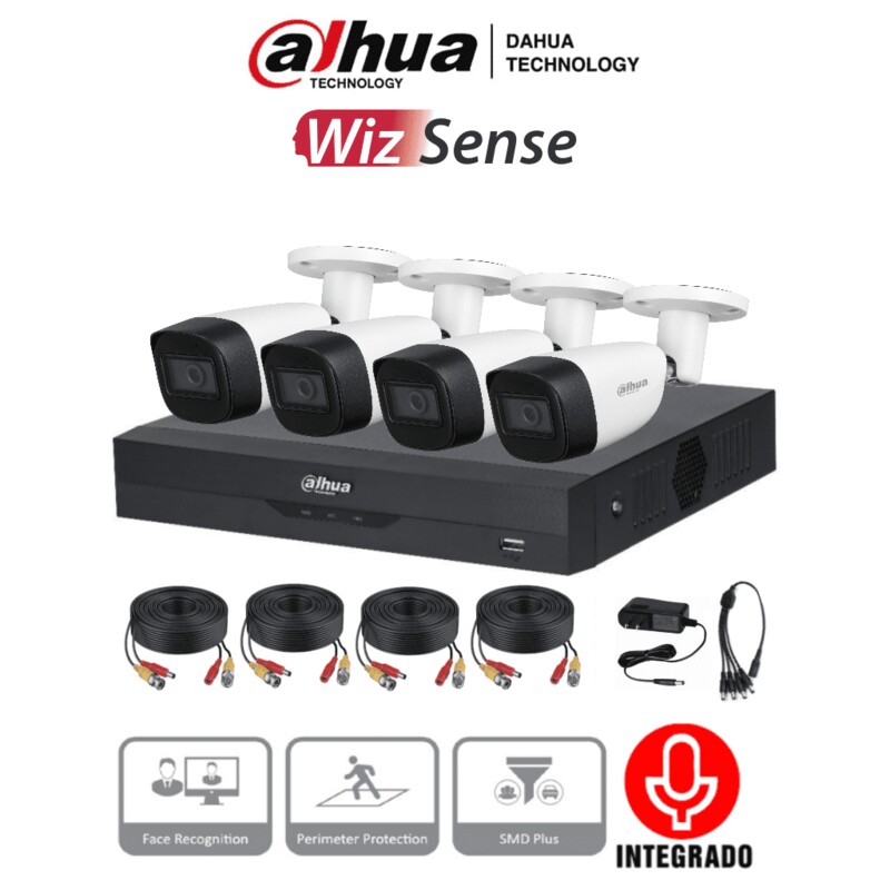 KIT DAHUA KITXVR5104HS-4KL-I3+4-HFW1500CM-A, 4 CANALES 5MP, CON AUDIO WIZSENSE, CÁMARA METÁLICA, SMD PLUS. IOT&POS, 1 SATA 10TB SKU: DAH-DHT0250013