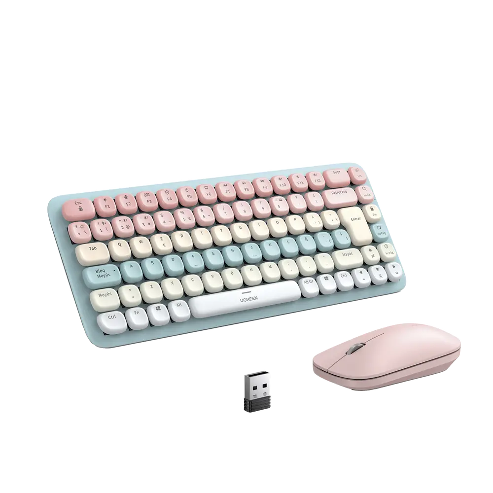Paquete de Teclado y Mouse, 85 teclas en Español, Bluetooth y 2.4GHz, Mouse Ambidiestro, Sensor de DPI ajustable, Efectos de Iluminación del Teclado, Amplia compatibilidad, Color Rosa. SKU: 25178
