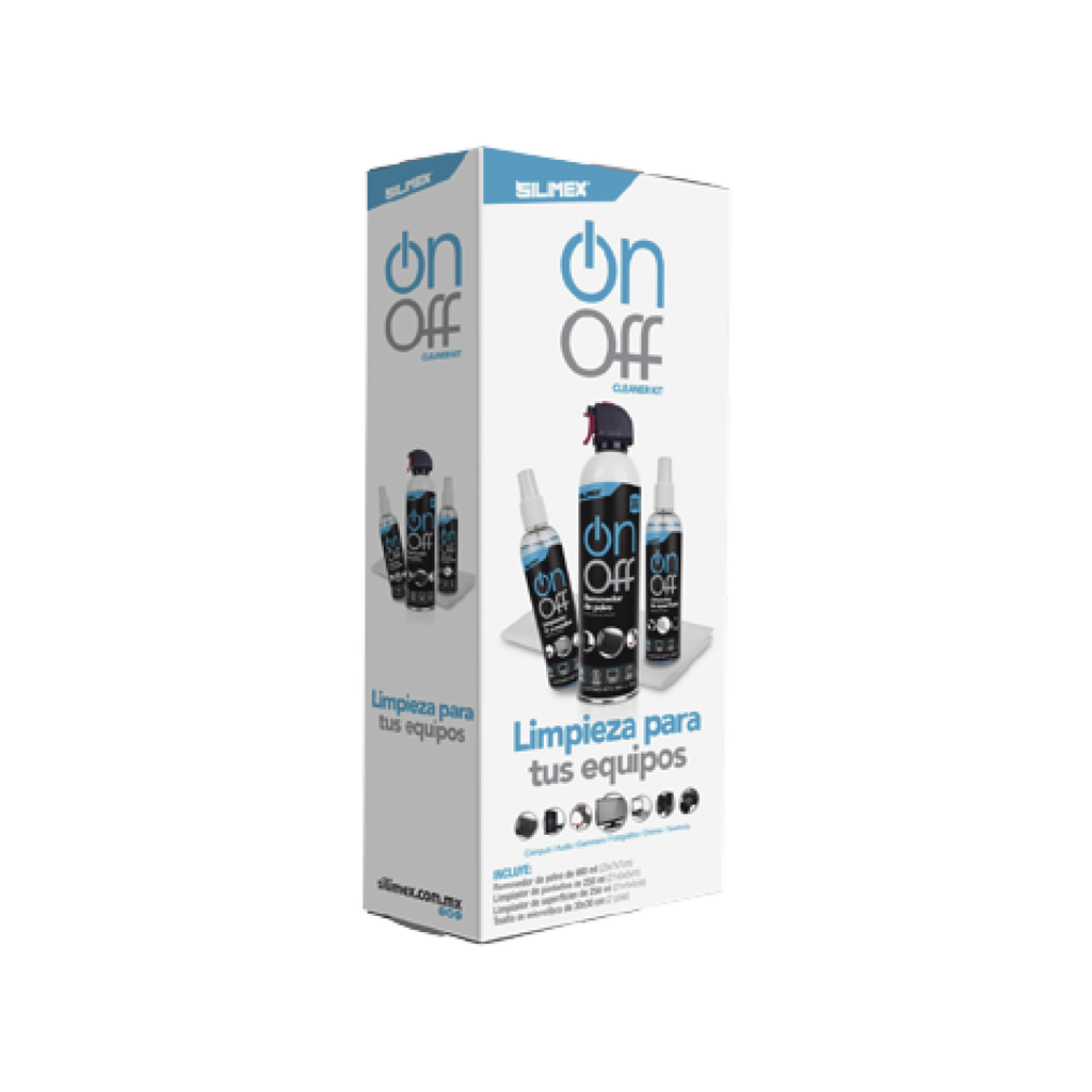 [ON-OFF-CLEANER-PACK] Kit de Limpieza, incluye 4 productos especializados en limpieza de pantallas y superficies, equipo de cómputo y electrónicos SILIMEX SKU: ON-OFF-CLEANER-PACK