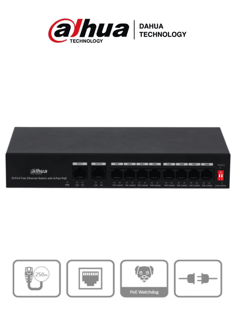 [DHT1850009] DAHUA PFS3010-8ET-65 - Switch Poe de 10 Puertos Fast Ethernet/ 8 Puertos Poe/ 2 Puertos Uplink/ 65 Watts Totales/ Soporta PoE Watchdog/ Switching 2.0 Gbps/ Con Protección de Descargas/