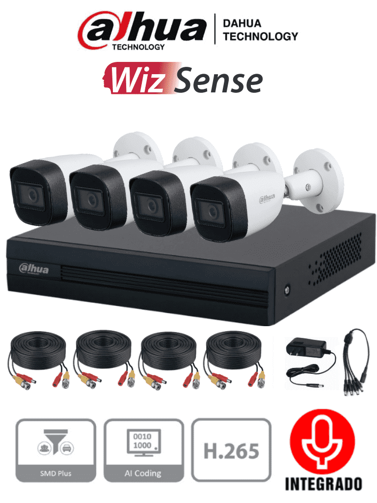 DAHUA KITXVR1B04-I+HFW1200CMA - Kit de 4 canales con cámaras de 2MP y audio. Incluye DVR Cooper-I WizSense con IA y H.265+, 4 cámaras metálicas con micrófono integrado, 4 canales más 1 IP o hasta 5 canales IP, 4 canales SMD Plus y accesorios incluidos CV-1497 SKU: DHT0250011