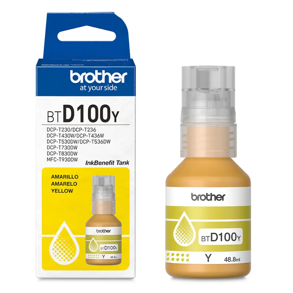 BTD100Y Amarillo Original Bote de Tinta Brother DCPT230, DCPT236, DCPT430DW, DCPT436W, DCPT530DW, DCPT730DW, MFCT830DW, MFCT930DW 5,000 Pag. 48.8ml CN-5017 SKU: BTD100Y