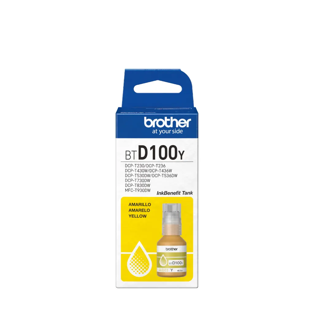 BTD100Y Amarillo Original Bote de Tinta Brother DCPT230, DCPT236, DCPT430DW, DCPT436W, DCPT530DW, DCPT730DW, MFCT830DW, MFCT930DW 5,000 Pag. 48.8ml CN-5017 SKU: BTD100Y