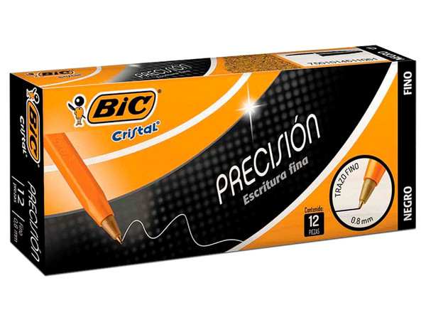 Bolígrafo BIC Cristal Precisión, Punto fino de 0.8mm, 12 piezas, Color Negro. SKU: 928494