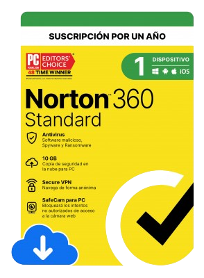 ESD Norton 360 Standard, 1 Dispositivo, 1 Año, Windows, Android, Mac Antivirus, Producto Digital Descargable ESDNRT570 SKU: 21430631