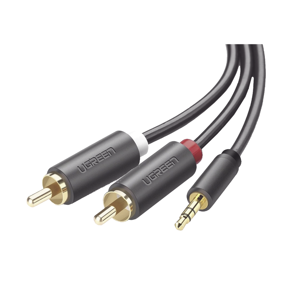 [10513] Cable Adaptador de 3.5mm Macho a 2 RCA Macho / 5 Metros Ugreen / Color Gris / Blindaje Múltiple / ABS / Alta Calidad SKU: 10513