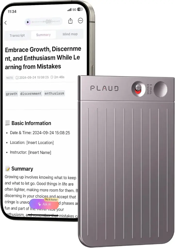 PLAUD Grabadora de Voz Note IA - Transcribe y Resume con tecnología de IA - Soporta 112 Idiomas, 64GB de Memoria, Control de reunión con App, lección, Llamada, entrevista (Funda Incluida)