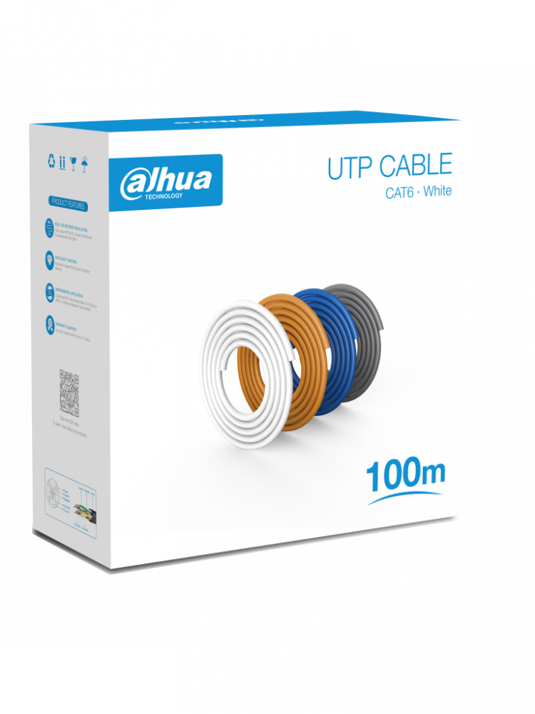 Dahua Bobina de Cable UTP para Videovigilancia Cat6 UTP, 100 Metros, Blanco, 100% Cobre y Cubierta Retardante de Flama CB-2780 SKU: DH-PFM920I-6UN-C-100