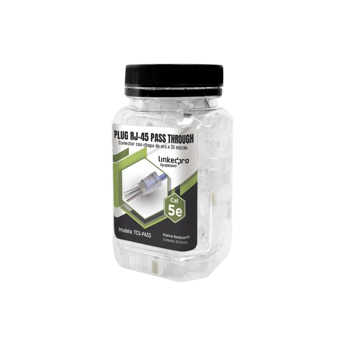 [TC5-PASS] LinkedPRO Plugs Modulares RJ-45, RJ45 Cat5e, Bote con 100 Piezas, Sin Blindaje, Chapado de Oro a 30 Micras para Durabilidad Extrema Transparentes TC5PASS SKU: TC5-PASS
