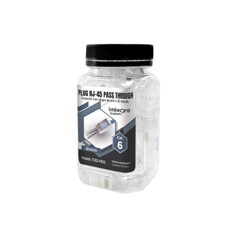 [TC6S-PASS] LinkedPRO Plugs Modulares RJ-45, RJ45 Cat6, Bote con 100 Piezas, Transparente/BLINDADO chapado de oro a 30 micras para durabilidad extrema TC6SPASS SKU: TC6S-PASS