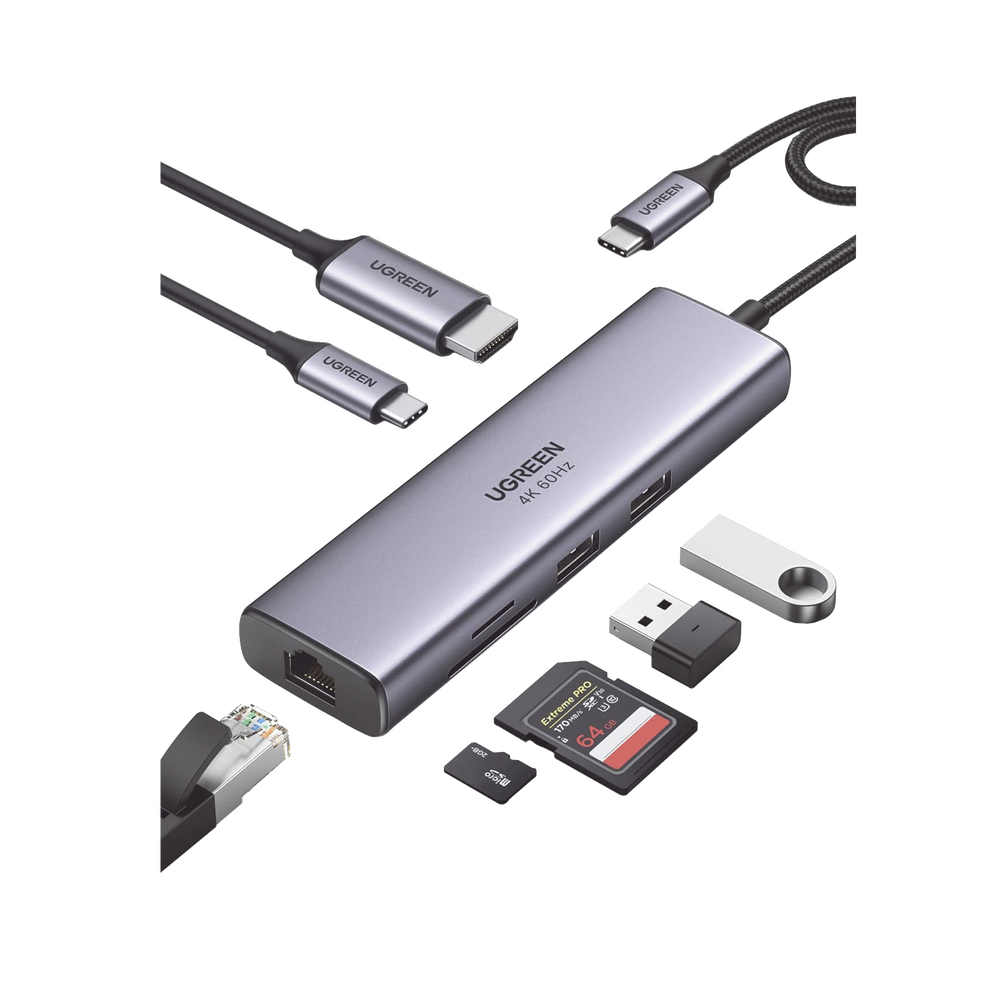 HUB USB-C (Docking Station) 7 en 1 | 2 USB-A 3.0 (5Gbps) | 1 USB-C PD Carga 100W | HDMI 4K@60Hz | RJ45 (Gigabit Ethernet) | Lector Tarjetas SD + Micro SD (TF) Uso Simultáneo | Cable de Nylon Trenzado | Caja de Aluminio. UGREEN SKU: 60515