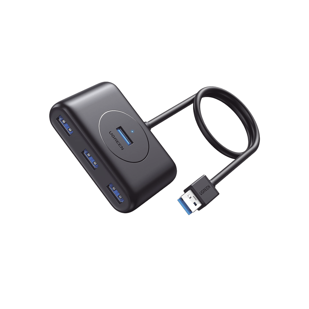 HUB USB-A 3.0 4 en 1 | 4 Puertos USB-A 3.0 (5Gbps) | Entrada USB-C (PD 5V2A) | Cable de 1 Metro | Indicador Led | Ideal para Transferencia de Datos | Entrada USB-C para alimentar equipos de mayor consumo | Color Negro. UGREEN SKU: 20291