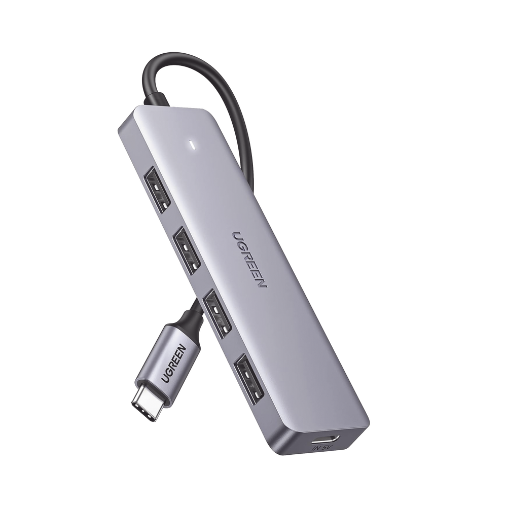 HUB USB-C 3.0 4 EN 1 | 4 Puertos USB-A (5Gbps) | Carcasa ABS + PC | Soporta OTG | Luz Indicadora LED | Compatible con iPhone 15 Pro MAX) | Interfaz Niquelada | Color Gris Metalizado | Cable de 15cm. UGREEN SKU: 70336