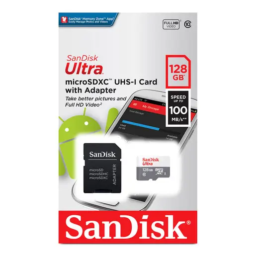 Memoria Flash SanDisk Ultra, 128GB MicroSDHC UHS-I Clase 10, con Adaptador RAM-3745 SKU: SDSQUNR-128G-GN3MA