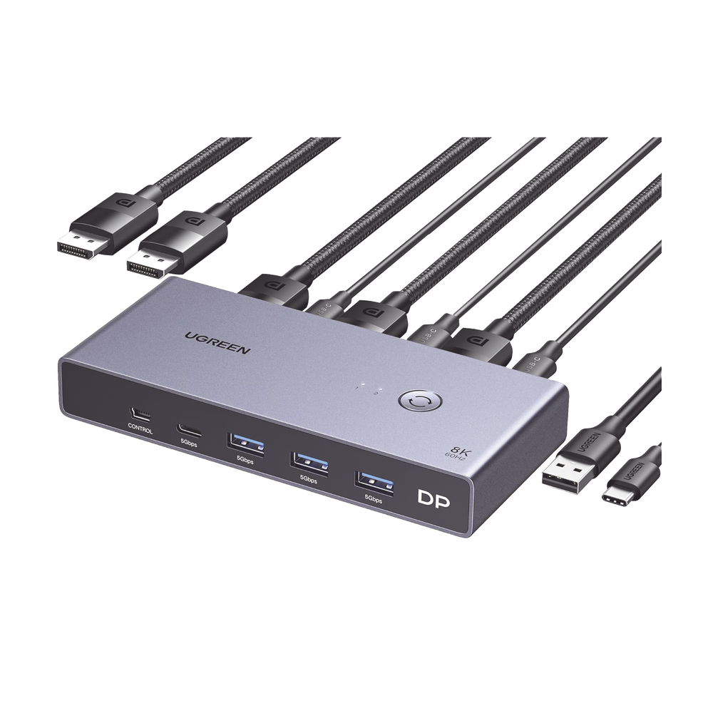 Conmutador KVM DisplayPort 8K | DP 1.4 | 2 Entradas 1 Salida | 4 Puertos USB 3.0 (3 USBA *1 USBC) | Soporta 8K@60Hz | HDR | Control de Escritorio | Carcasa de Aluminio | Indicador Led | Compatible Win, MacOs y Linux. SKU: 25962