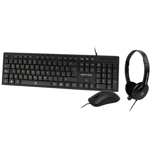 Kit de Teclado, Mouse y Audífonos Perfect Choice 3.5mm, Alámbrico, Teclado y Mouse USB, Negro (Español) KB-903 SKU: PC-201717
