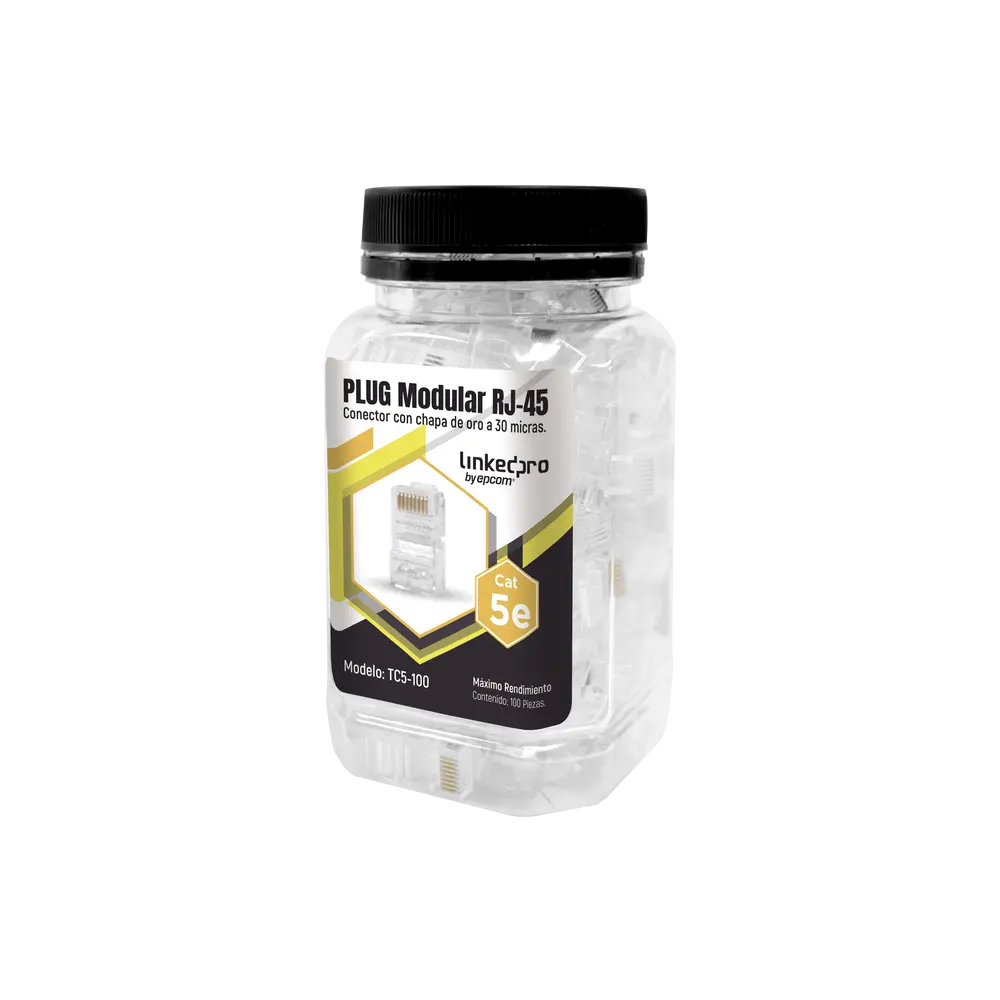 LinkedPRO Conector RJ-45 Cat5e, Transparente, 100 Piezas SKU: TC5-100 Chapado de Oro a 30 Micras Durabilidad Extrema, Sin Blindaje SKU: TC5-100