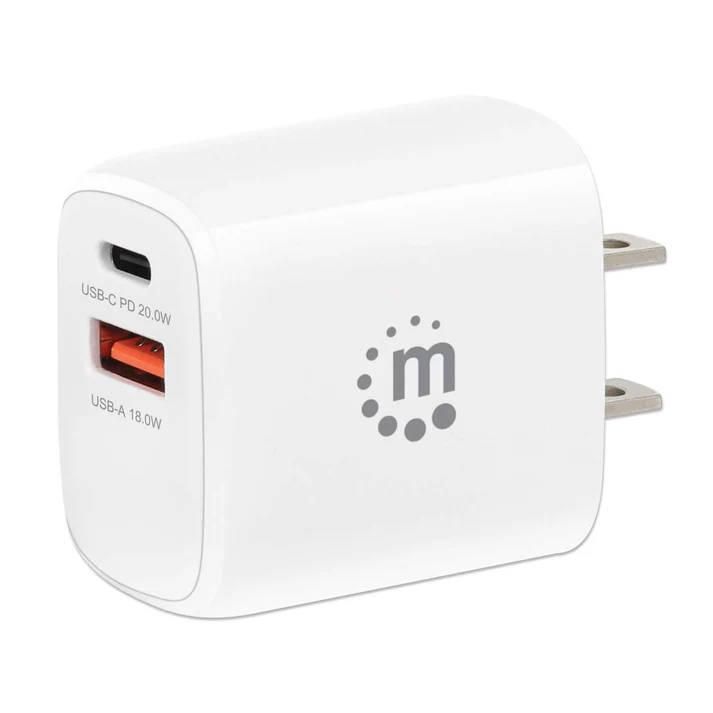 Manhattan Cargador de Pared, 20W, 1x USB 3.0, 1x USB C, Blanco SKU: 406291