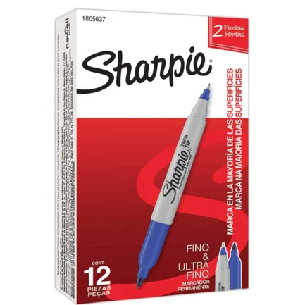 Caja Sharpie Marcador Permanente Twin Tip, Doble Punta, Azul, 12 Piezas, SKU: 1805637
