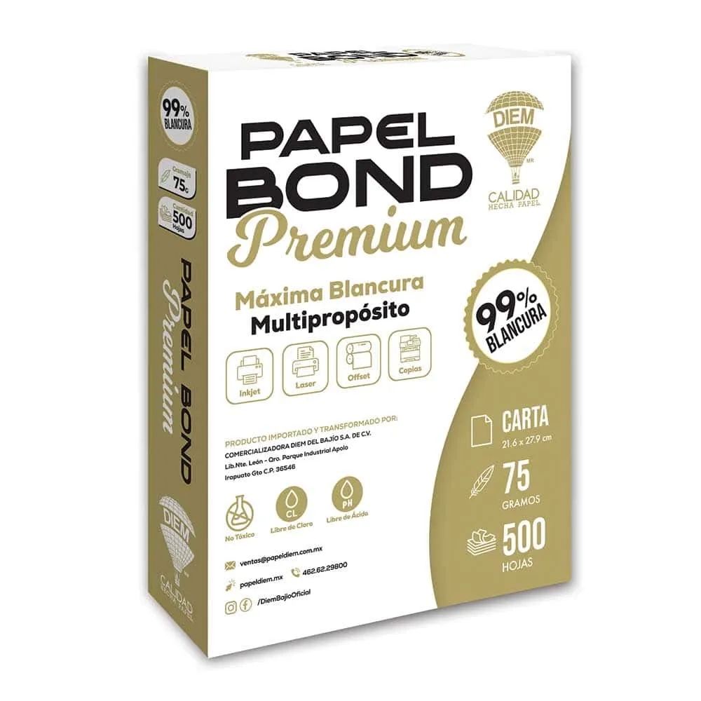 Papel Bond de 75 g Tamaño Carta Blanco con 500 Hojas Diem Premium BONDPREM75G SKU: 06830100