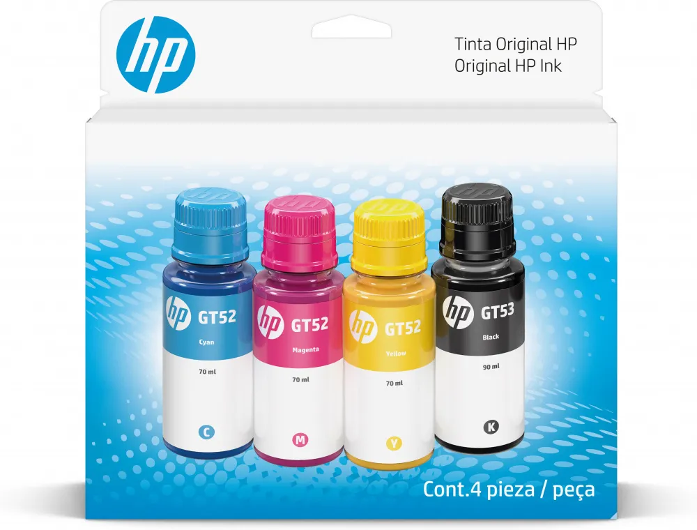 Kit 4 Botes de Tinta GT52 GT53 Negro/Cian/Magenta/Amarillo, Original Botella de Tinta HP Smart Tank 514, 517, 616, 500, 515, 519, 530, 533, 615, 618, HP Deskjet 5810, 5820, HP Ink Tank 115, 318, 319, 410, 415, 416, 418, 419, 455, 457, 450, 315  4,000Pag. 70ml SKU: 9F3N4AL