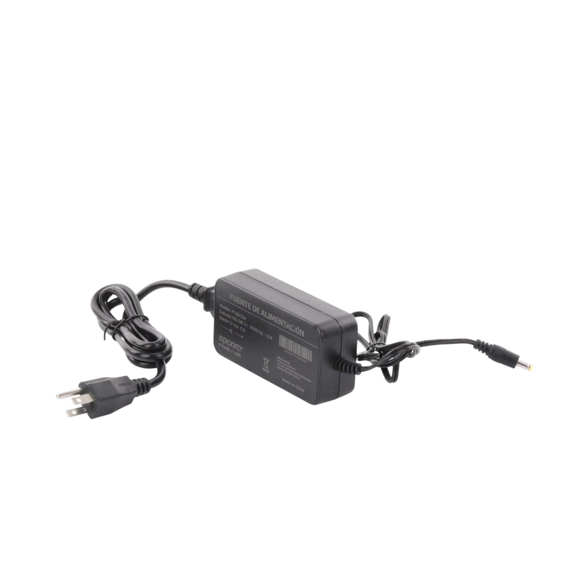 Fuente de poder con Cables de Extensión para Mayor Alcance 12 Vcc, 5 Amperes, Profesional, 0.5 metros a la toma de alimentación, 0.5 metros a la conexión del dispositivo SKU: P12DC5A