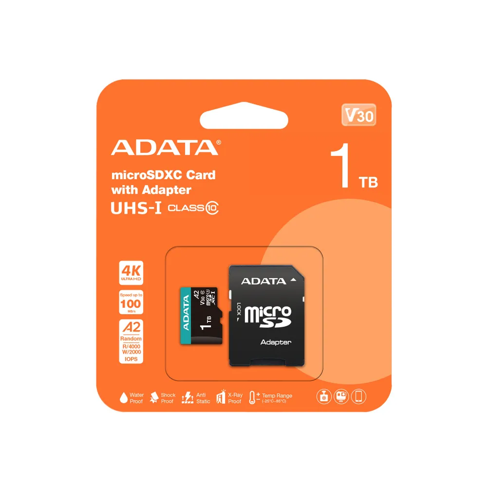 Memoria Flash Adata V30, 1TB MicroSDXC UHS-I Clase 10, con Adaptador SKU: AUSDX1TUI3V30SA2-RA1