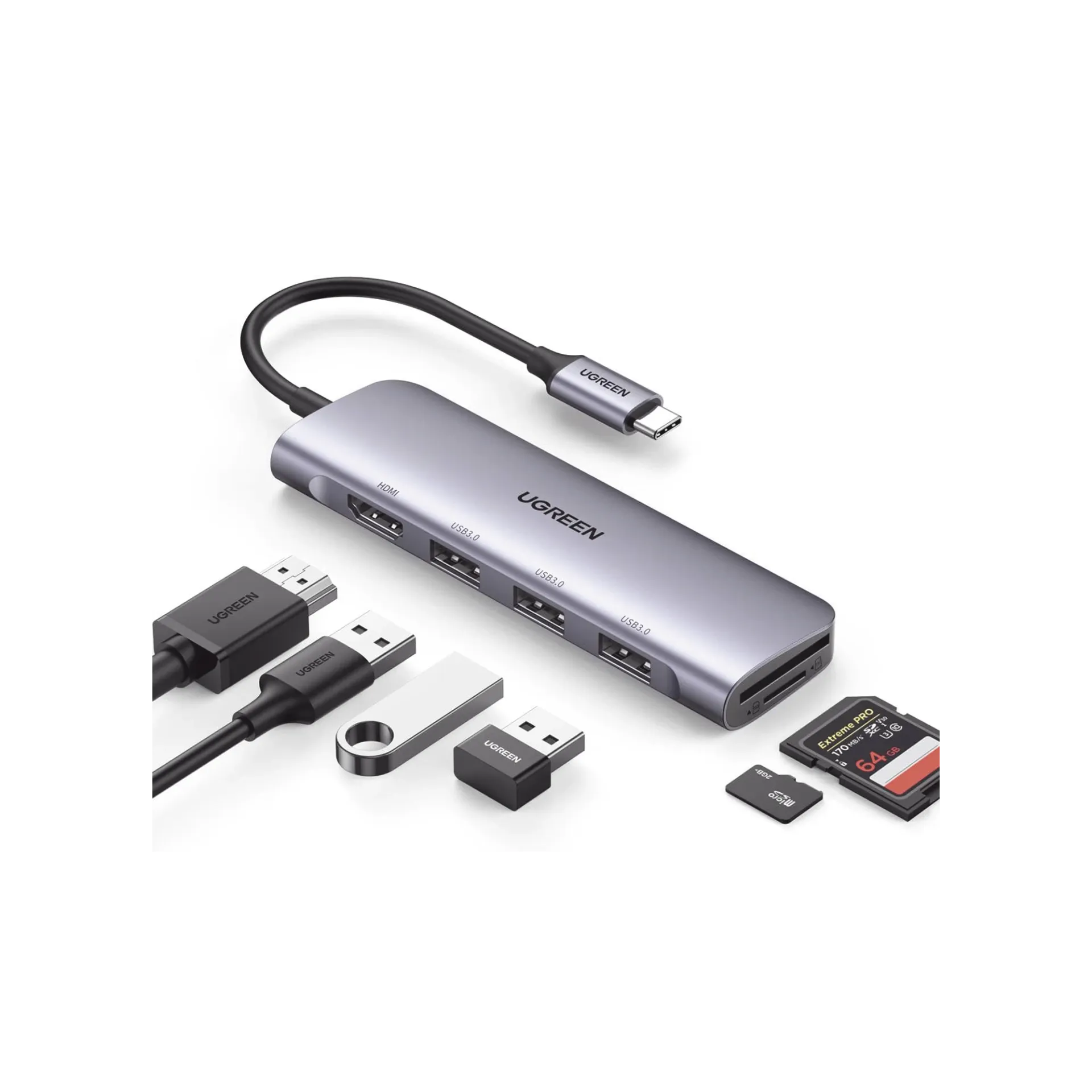 Docking Station 6 en 1, 3 Puertos USB-A 3.0 Ugreen, HDMI 4K@30Hz, Lector Tarjeta SD + Micro SD, Hub USB-C - HDMI, Caja de Aluminio, 5 Gbit/s SKU: 20956A
