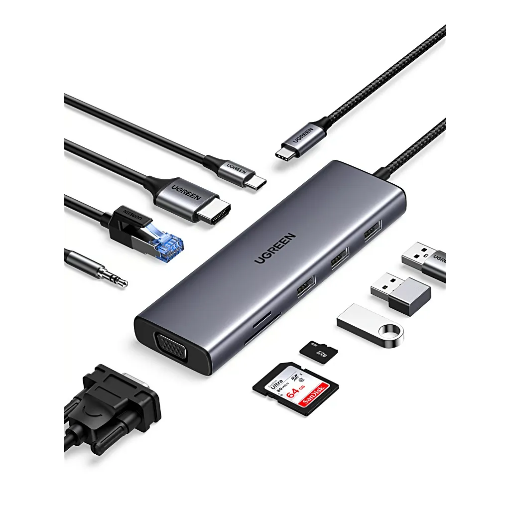 Docking Station 10 en 1, Ugreen, HDMI 4K@30Hz + VGA 1920x1200, 3x USB 3.0 5Gbps, Ethernet Gigabit, SD/TF Card Reader, PD 100W, Audio 3.5mm, Doble Pantalla Simultánea, Plug & Play Universal SKU: 15601