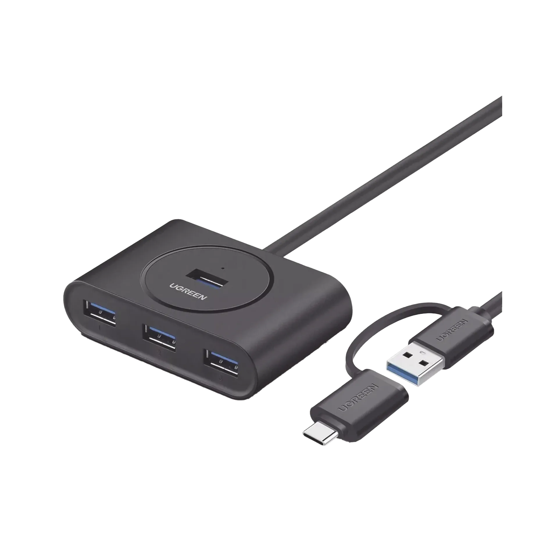 Multipuertos, HUB Ugreen, USB-A 3.0, 4 en 1, 4 Puertos USB-A 3.0 (5Gbps), Con Conector USB-C y USB-A, Cable de 25cm, Indicador Led, Ideal para Transferencia de Datos, Entrada Micro USB para Alimentar Equipos de Mayor Consumo SKU: 40850