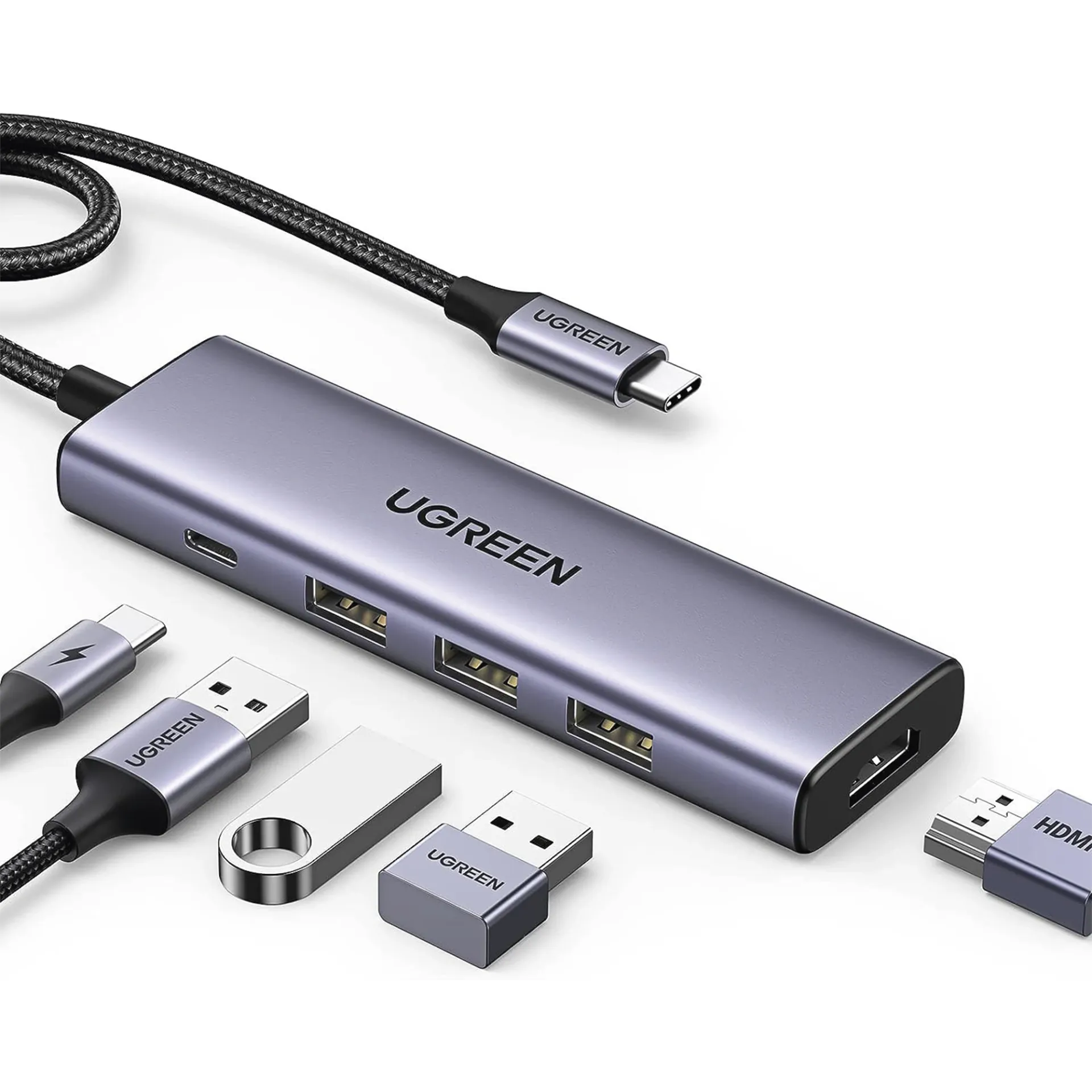 [15596] HUB USB-C, (Docking Station), Ugreen 5 en 1, HDMI 2.0 4K@30Hz, 3 USB-A 3.0 (5Gbps), USB-C PD Carga 100W, Potente Disipación de Calor, Chip de Ultima Generación, Cable de Nylon Trenzado de 25 cm, Carcasa de Aluminio SKU: 15596
