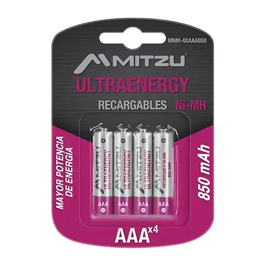 Pilas Recargables Mitzu MNM-4XAAA850 (Tamaño AAA), Baterías de Níquel-Metal Hidruro (NiMH) de 1.2 Volts, Capacidad de 850 mAh, Blíster con 4 Piezas, MIT-PIL-4AAA850 SKU: MNM-4XAAA850