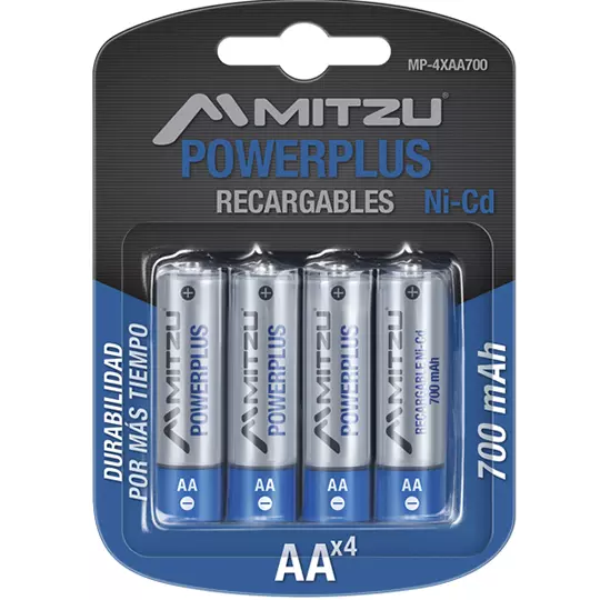 Pilas Recargables Mitzu MP-4XAA700 (Tamaño AA), Baterías de Níquel-Cadmio (Ni-Cd) de 1.2 Volts, Capacidad de 700 mAh (Uso en dispositivos de bajo consumo), Blíster con 4 Piezas, MIT-PIL-4XAA700 SKU: MP-4XAA700