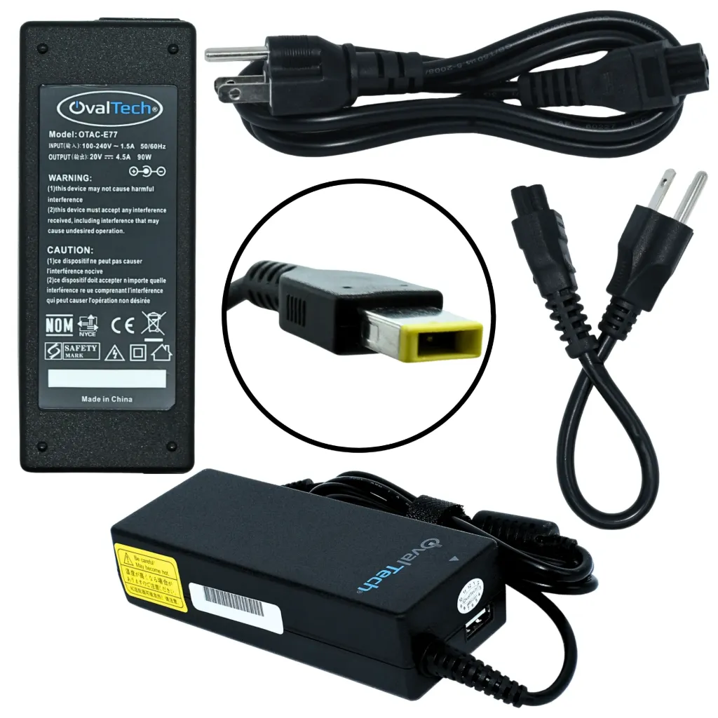 OTAC-E77 Adaptador para Computadora Portatil 90W, 20V/4.5AH C/Blister + USB Marca OvalTech, Punta Cuadrada SKU: OTAC-E77
