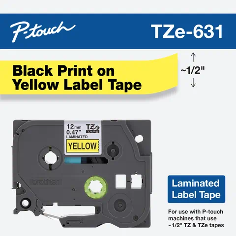 Cinta Brother TZE6321 Negro en Amarillo, 12mm x 8m sin extra fuerte, CARBRT1020 SKU: TZE631