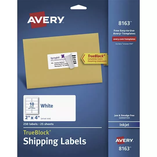 Etiquetas Avery 08163 - 2" x 4" | Para impresión Inkjet · Papel adhesivo | 250 etiquetas por paquete, alta calidad y precisión SKU: 08163