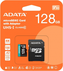 Memoria Flash Adata Premier Pro, 128GB V30S A2 4K 100MB, MicroSDXC UHS-I Clase 10, con Adaptador SKU: AUSDX128GUI3V30SA2-RA1