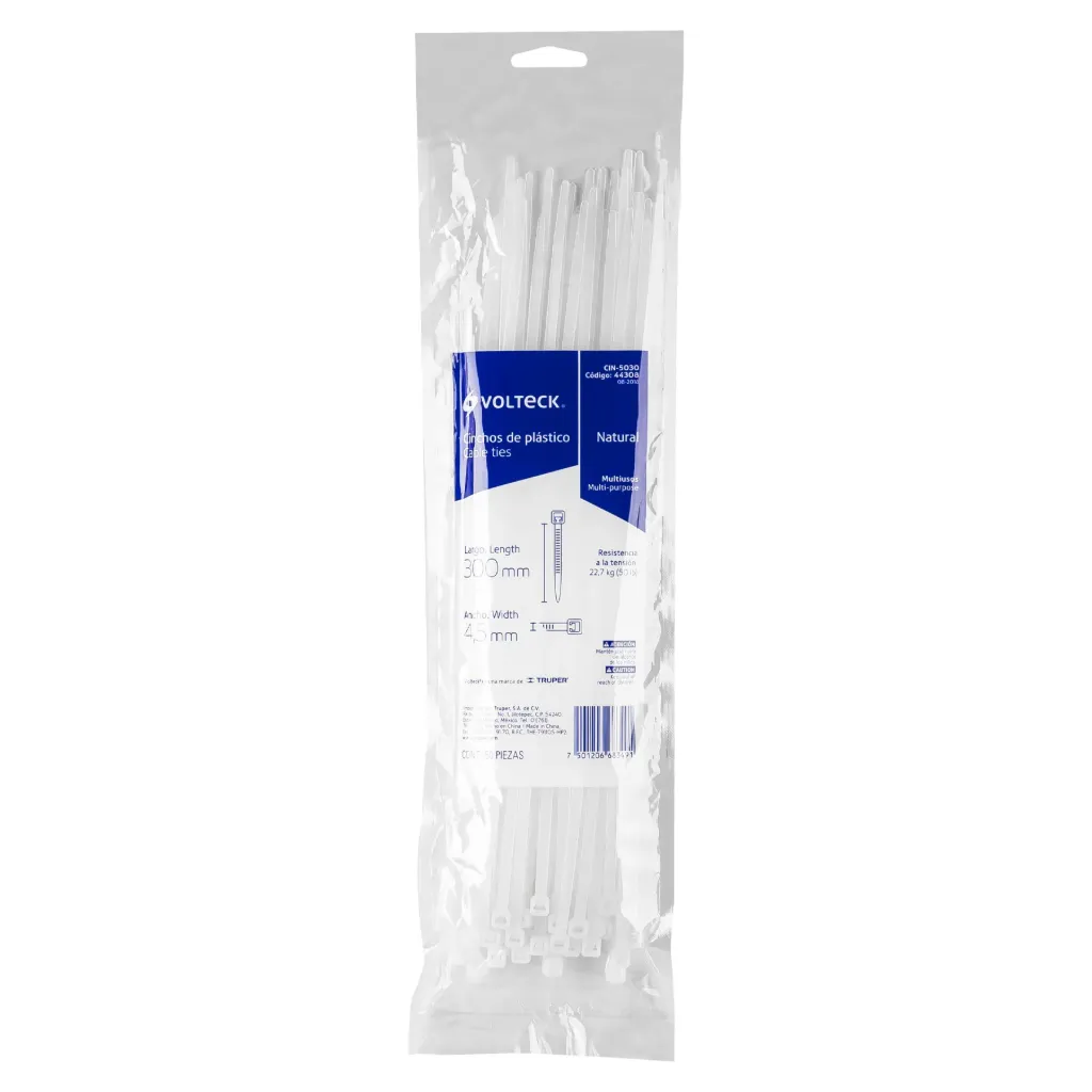 Bolsa con 50 cinchos plásticos 50 lb, 300x4.5 mm, naturales Volteck CIN-5030 SKU: 44308