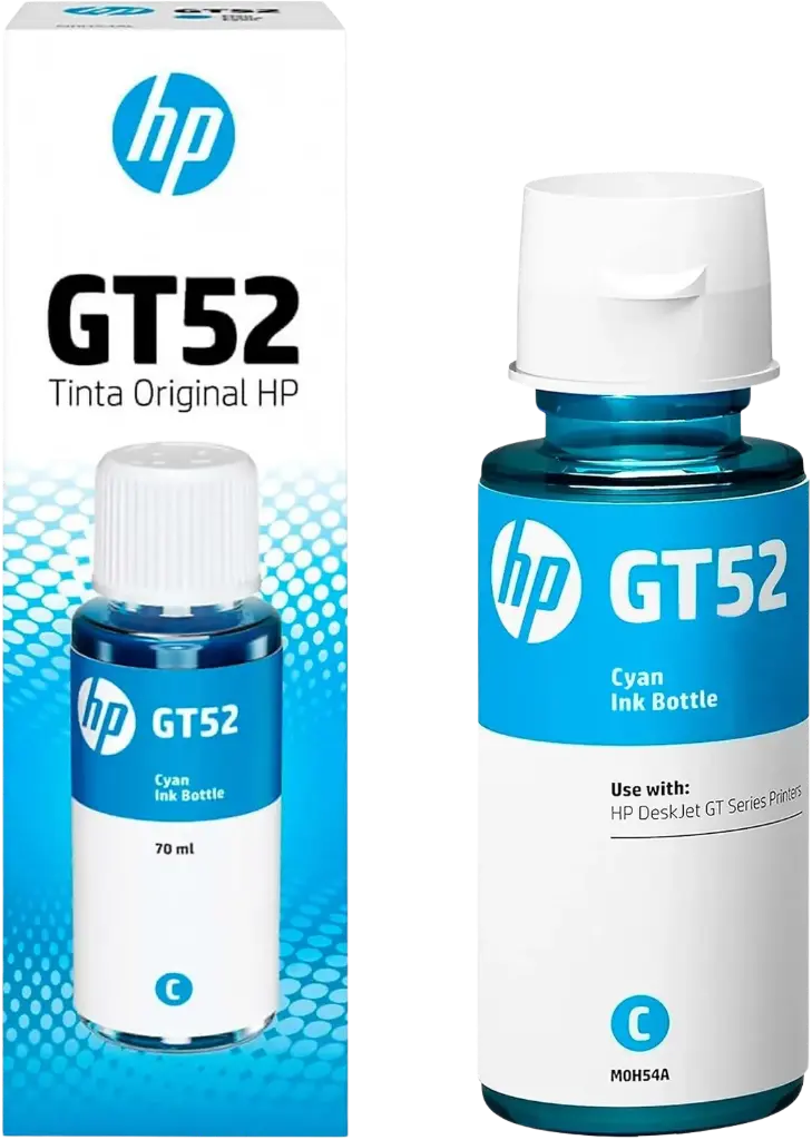 GT52 Cian Original Botella de Tinta HP Smart Tank 514, 517, 616, 500, 515, 519, 530, 533, 615, 618, HP Deskjet 5810, 5820, HP Ink Tank 115, 318, 319, 410, 415, 416, 418, 419, 455, 457, 450, 315  8,000Pag. 70ml SKU: M0H54AL