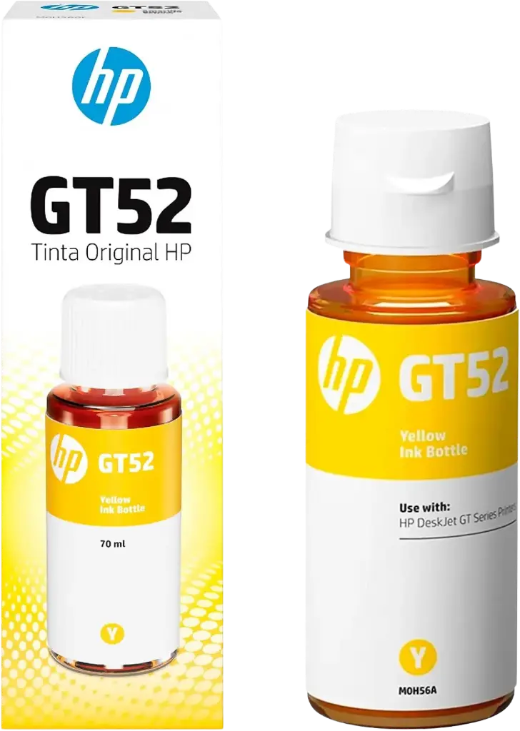 [M0H56AL] GT52 Amarillo Original Botella de Tinta HP Smart Tank 514, 517, 616, 500, 515, 519, 530, 533, 615, 618, HP Deskjet 5810, 5820, HP Ink Tank 115, 318, 319, 410, 415, 416, 418, 419, 455, 457, 450, 315  8,000Pag. 70ml SKU: M0H56AL