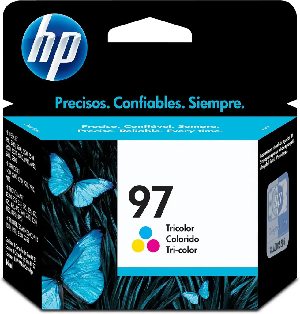 HP 97 Tricolor Original Cartucho de Tinta HP97 HP DeskJet HP Deskjet 460wf Mobile Printer, HP Photosmart 8450, 8150, 2710, 2610, 375 and 325 Printers, HP Officejet 7410, 7310, and 6210 Printers, HP PSC 2350 All-in-One Printers, HP Deskjet 6840, 6540, 6520, and 5740 Printers 14ml 560Pag. SKU: C9363WL