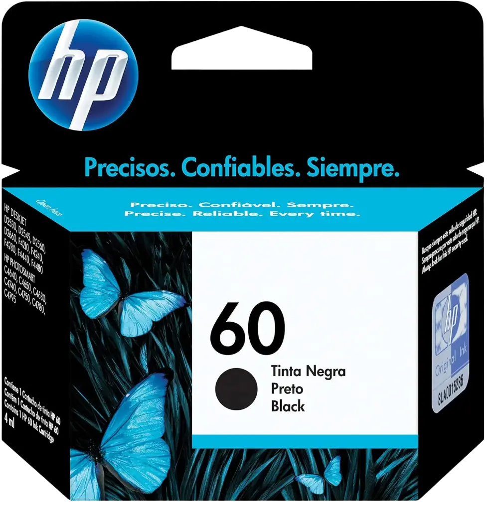 HP60, HP675, HP901 Negro Original Cartucho de Tinta HP60 HP Deskjet D1660/D2530/D2545/D2560/D2660/D2680/D5560/F2430/F2440/F2480/F4210/F4235/F4240/F4280/F4435/F4440/F4480/F4580 ENVY 100/110/111/114/120/121 PHOTOSMART C4635/C4640/C4650/C4680/C4740/C4750/C4780/C4795 4.5ml SKU: CC640WL