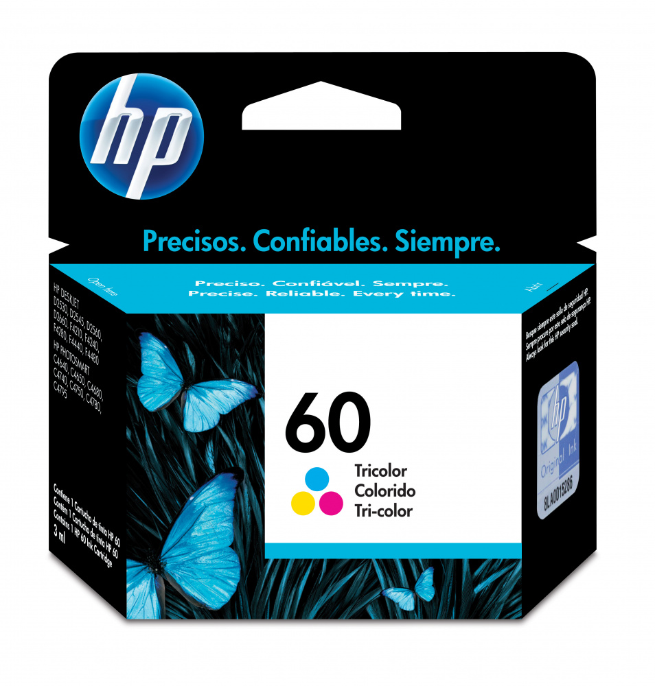 HP 60 Tricolor Original Cartucho de Tinta HP60 HP Deskjet D1660/D2530/D2545/D2560/D2660/D2680/D5560/F2430/F2440/F2480/F4210/F4235/F4240/F4280/F4435/F4440/F4480/F4580 ENVY 100/110/111/114/120/121 PHOTOSMART C4635/C4640/C4650/C4680/C4740/C4750/C4780/C4795 6.5ml SKU: CC643WL