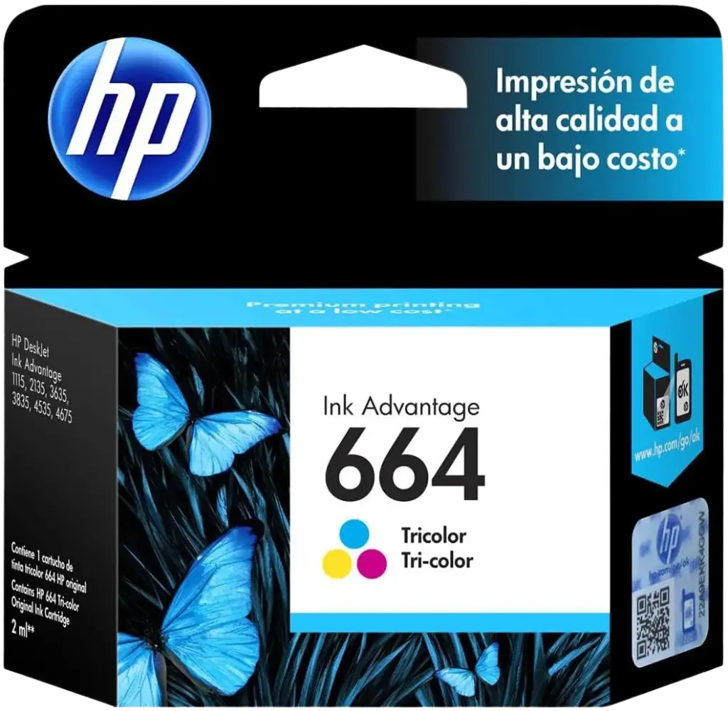 [F6V28AL] HP 664 Tricolor Original Cartucho de Tinta HP664 HP Deskjet Ink Advantage 1115, 2134, 2135, 2675, 3635, 3775, 3785, 3786, 3787, 3789, 3835, 4535, 4675, 5075, 5275, 5276. 2ml. SKU: F6V28AL